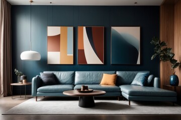 Interior home design of modern living room with synthetic blue leather sofa and colorful abstract poster frame, dark wall