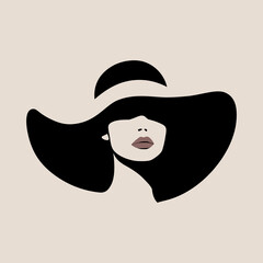 Portret pięknej kobiety w eleganckim kapeluszu z szerokim rondem w minimalistycznym stylu. Młoda dziewczyna z czerwonymi ustami. Ilustracja wektorowa High Fashion. - obrazy, fototapety, plakaty