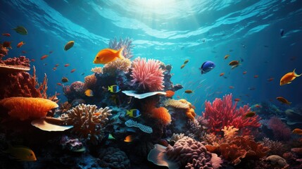 Naklejka na ściany i meble A vibrant coral reef bustling with marine life