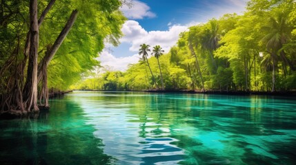 A tranquil lagoon with emerald-green waters.