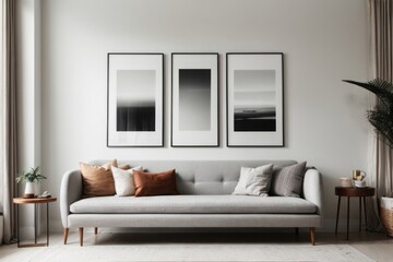 Interior home design of modern living room with abstract art poster frame on white wall above gray sofa bench