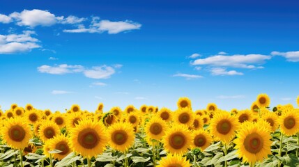 A sunflower field stretching to the horizon under a clear blue sky.