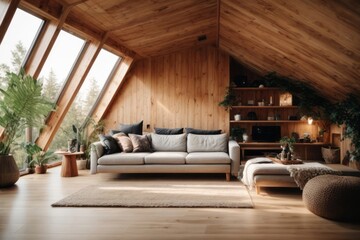 Attic interior wooden house design of modern living room wooden chairs and tables with forest views