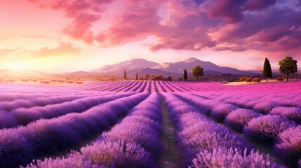A serene lavender field with rows of fragrant purple flowers. - obrazy, fototapety, plakaty