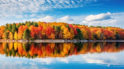 A serene lake reflecting the vibrant colors of autumn foliage.