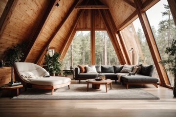 Attic interior wooden house design of modern living room wooden chairs and tables with forest views