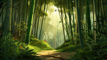 A serene bamboo forest with tall, slender stalks.