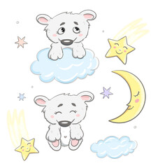 Cute bear with clouds, moon and stars