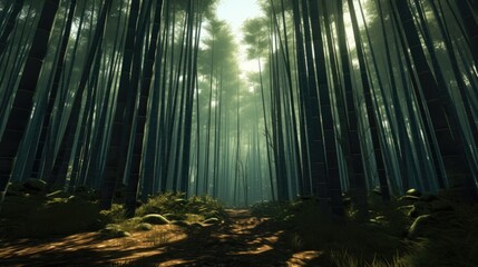 A serene bamboo forest with tall, slender stalks.