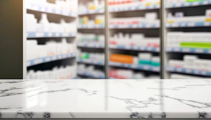 Foto op Plexiglas Empty white marble counter top with blur pharmacy drugstore shelves background © Uranzaya