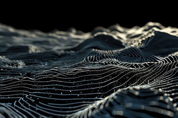 An intricate network of topographic lines weaving a story of hidden valleys and unseen mountains, their delicate dance a contrast to the dark void behind them in 4K.