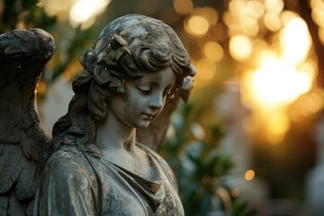 Angelic statue in a cemetery, with a somber yet hopeful expression, surrounded by tombstones and a sense of eternal peace.