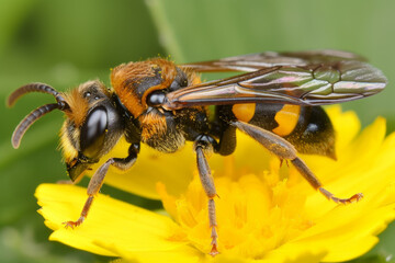Close-up view of a bee on a yellow flower, collecting nectar