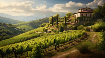A picturesque hillside vineyard with a charming winery.
