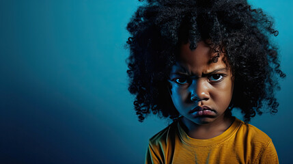 5 year old black child with angry facial expression on blue background with copy space