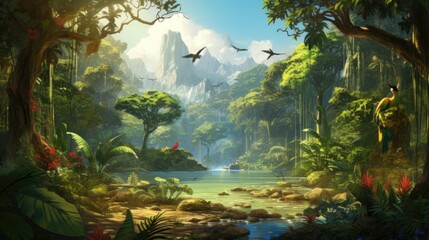 A lush tropical rainforest with towering trees and exotic birds.