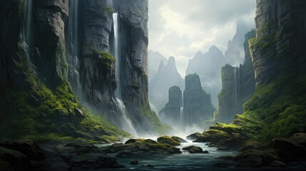 A cascading waterfall framed by towering cliffs. - Powered by Adobe