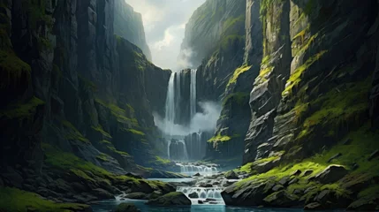 Möbelaufkleber A cascading waterfall framed by towering cliffs. © Galib