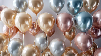 An elegant display of pearlized balloons in soft, muted tones, creating a chic and modern celebration atmosphere