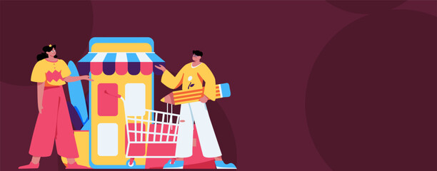 Naklejka premium Holiday shopping people doing e-commerce online shopping flat vector concept operation hand drawn illustration 