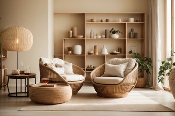 Scandinavian interior home design of modern living room with wicker chairs and ornate shelves - obrazy, fototapety, plakaty