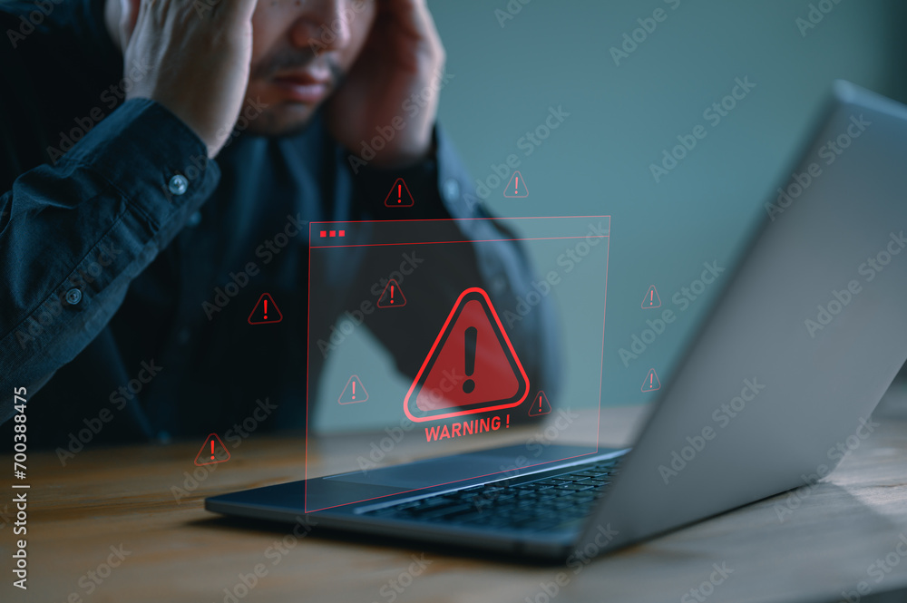 Fototapete System warning hacked alert, cyber attack on computer network. Cybersecurity vulnerability, data breach, illegal connection, compromised information concept. Malicious software, virus and cybercrime.