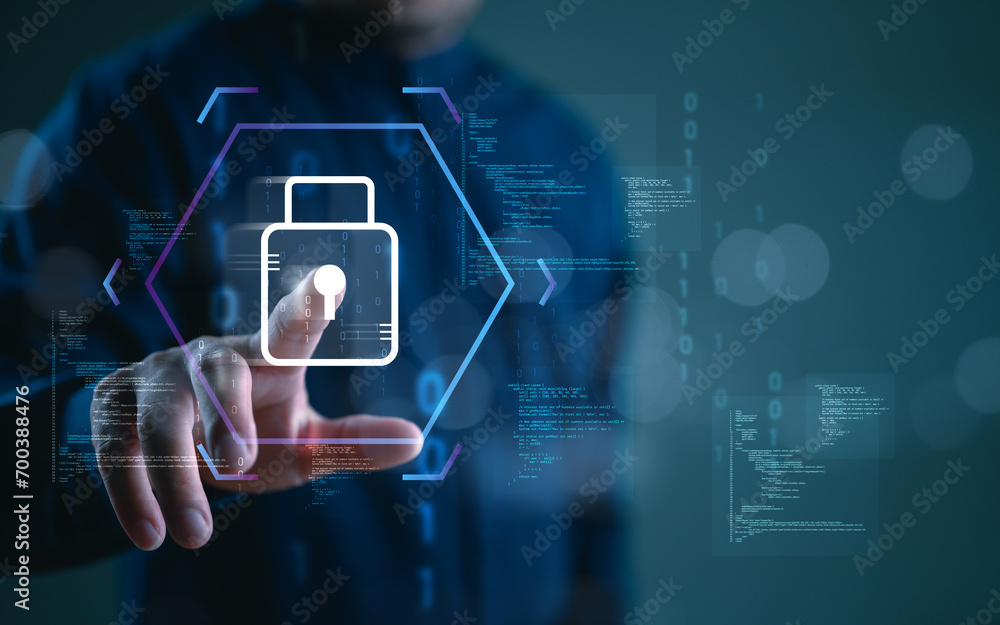 Aufkleber Cybersecurity and privacy concepts to protect data. Lock icon and internet network security technology. Businessman touch on lock icon for protecting personal data, Cybersecurity. Internet network.
