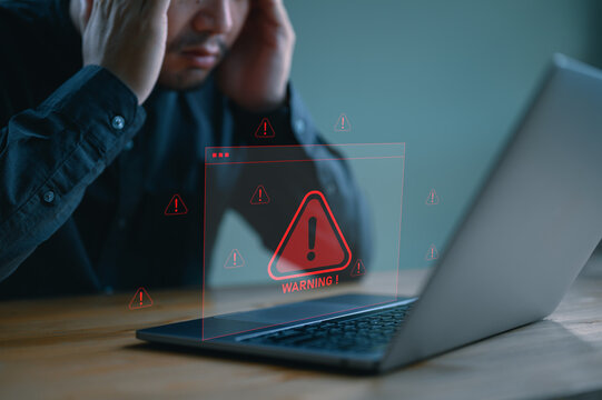 System warning hacked alert, cyber attack on computer network. Cybersecurity vulnerability, data breach, illegal connection, compromised information concept. Malicious software, virus and cybercrime.