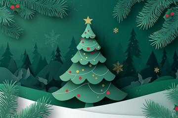 Merry christmas tree on green in paper cut background. Elements of new year day festival for card, cover.  Simple flat design in minimal design. Generative AI