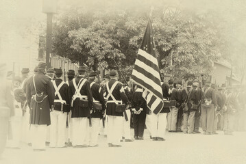 Union troops marching in column formation, - obrazy, fototapety, plakaty