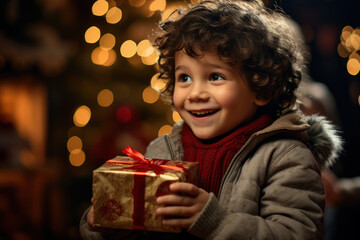 Fototapeta na wymiar A child eagerly unwrapping a present, their eyes filled with wonder and excitement, embodying the magic of the holiday season through the eyes of a child. Generative Ai.