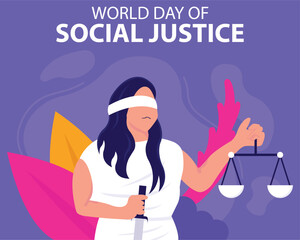 illustration vector graphic of a woman carrying a sword and balance with her eyes covered with cloth, perfect for international day, world social justice, celebrate, greeting card, etc.