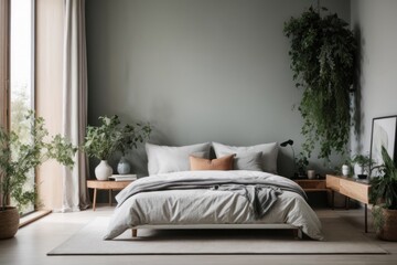 Nordic interior home design of modern bedroom with bed and empty wall with copy space