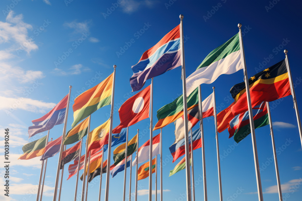 Poster an assortment of international flags fluttering in the wind, representing the diversity and intercon