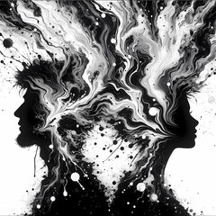 Black and white illustration of a couple in water ink splash color style