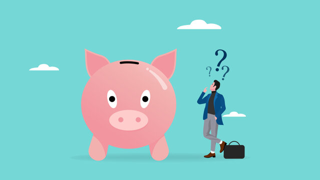 confused businessman with piggy bank and question marks illustration suitable to describe about financial question or saving problem, money solution, saving money and investment, wealth concept