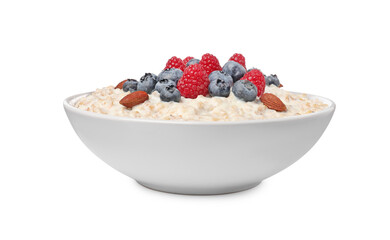 Tasty boiled oatmeal with berries and almonds in bowl isolated on white