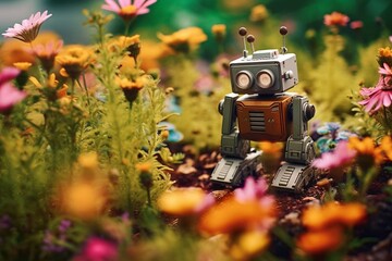Tiny robots cultivate land amidst lush flowers. Generative AI