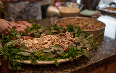 Thanksgiving Food on Counter Ready for Serving Garnished Lovely Large Plate