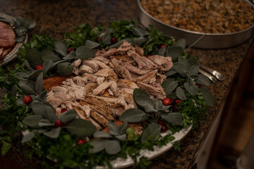 Thanksgiving Food on Counter Ready for Serving Garnished Lovely Large Plate