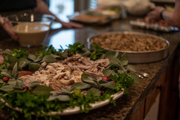 Thanksgiving Food on Counter Ready for Serving Garnished Lovely Large Plate