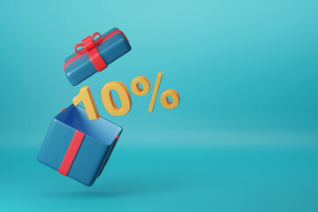10 % solid text coming out of a gift box with copy space. 3d illustration.