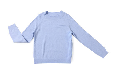 Stylish light blue sweater isolated on white, top view