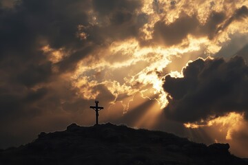 Over Golgotha Hill, a burst of celestial brilliance breaks through the clouds, casting the holy cross in a silhouette of unwavering faith and sacrifice.