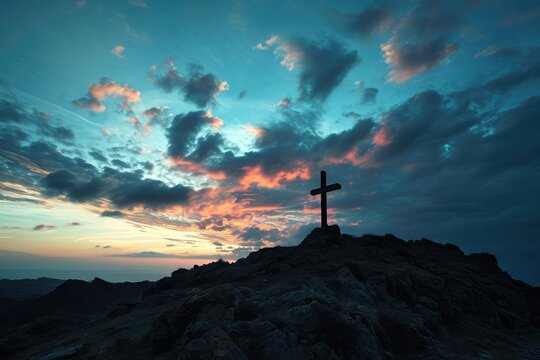 Over Golgotha, the sky paints a story of redemption, each cloud a stroke of grace, with the cross central to the narrative of love's ultimate sacrifice.