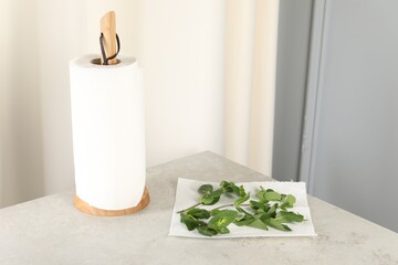 Mint drying on paper towel on table indoors. Space for text
