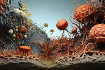 A microbial tapestry in the rhizosphere, where soil microorganisms collaborate with plant roots, influencing nutrient cycling and plant health. Generative Ai.