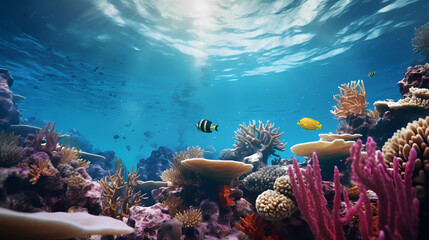 Fototapeta na wymiar Underwater Coral Reef Scene with Aquatic Blues