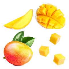 Whole and cut mango fruits isolated on white