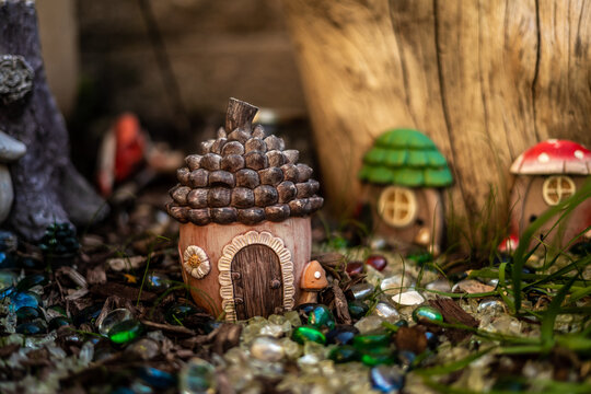 Cutest Little Fairy Hut In Gem Decorated Rock Garden Macro Photo